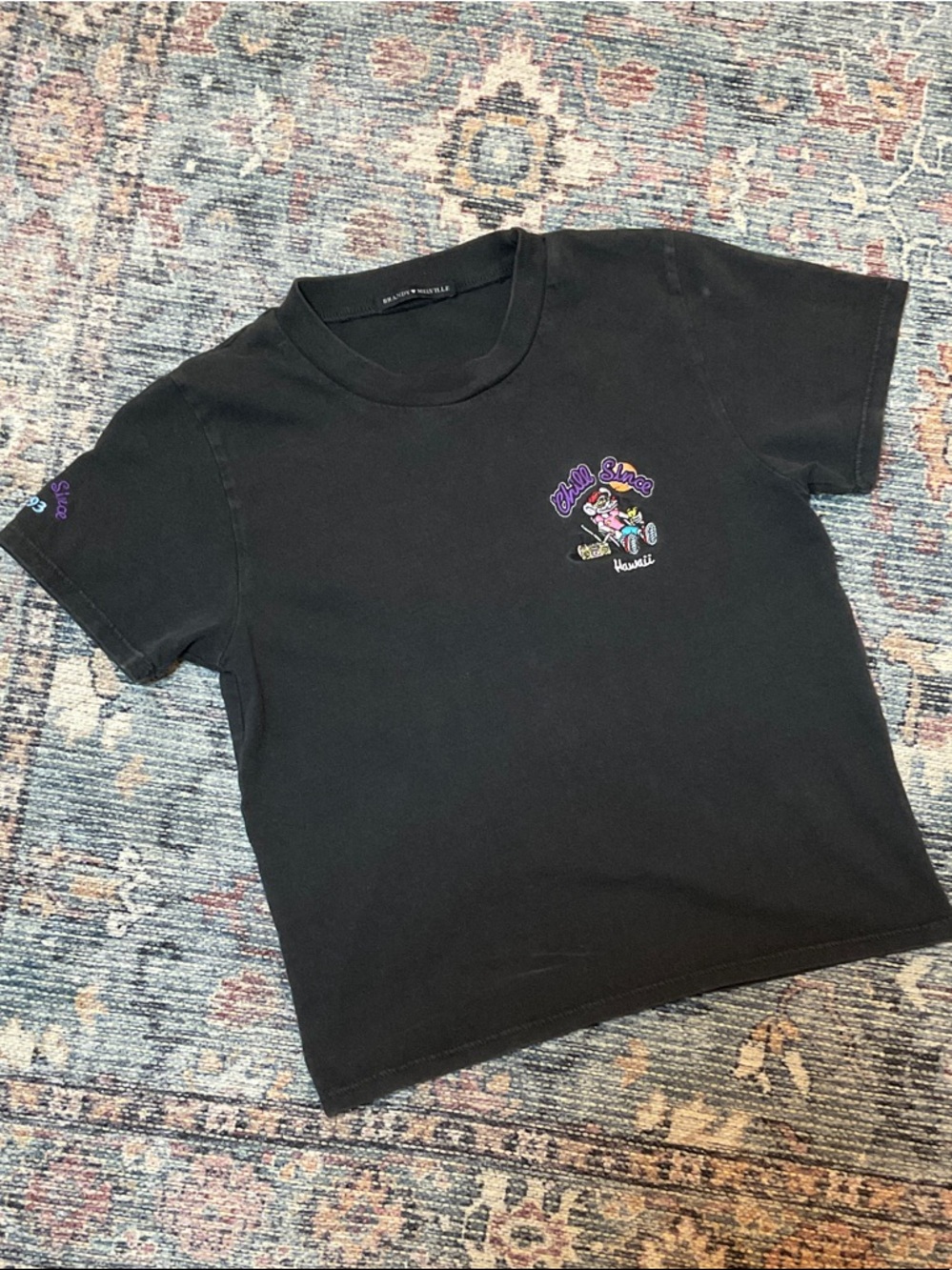 Brandy Melville Black Tee with Purple & Pink Graphic